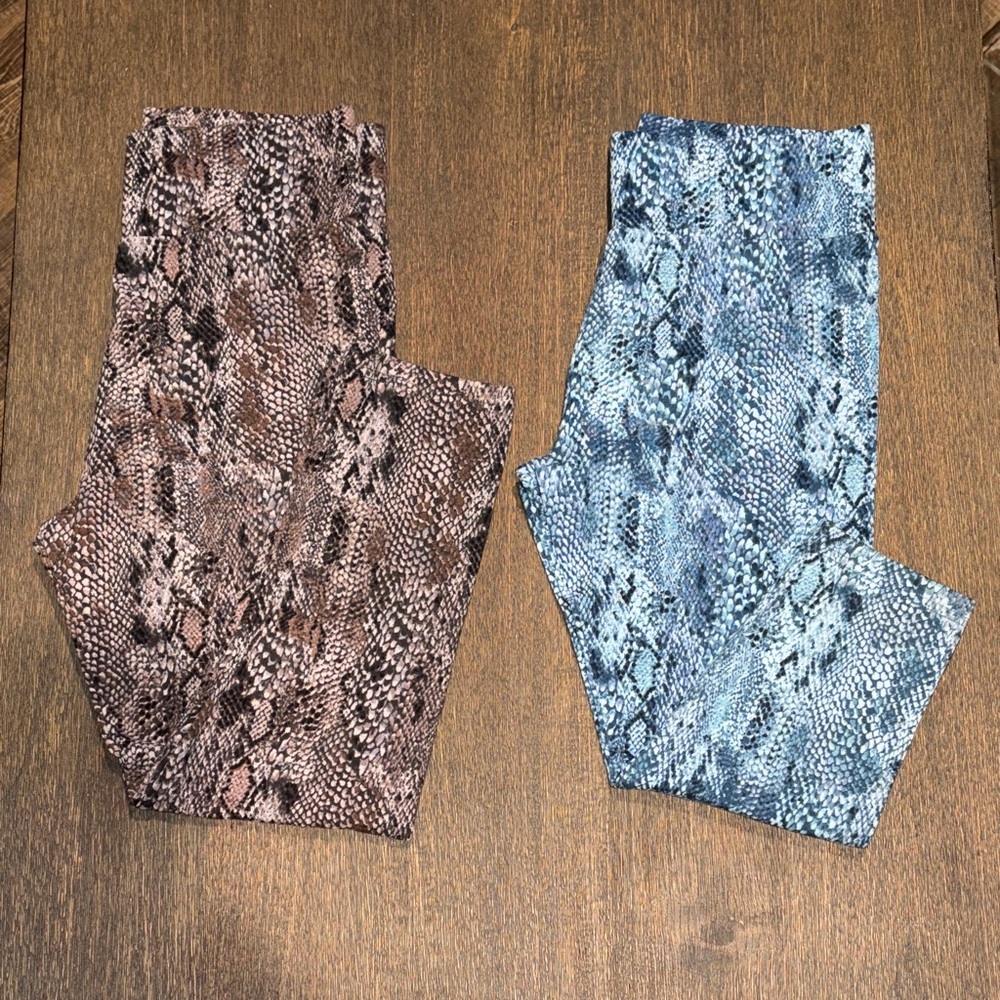 Set of 2 LOGO by Lori Goldstein Snakeskin Print Leggings - Brown and Blue